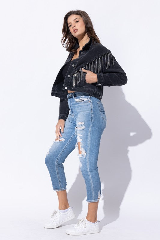 Crop Denim Jacket With Rhinestone & Fringe