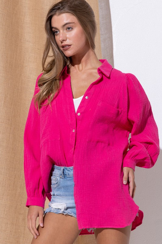 Textured Gauze Button Down Puff Sleeve Blouse