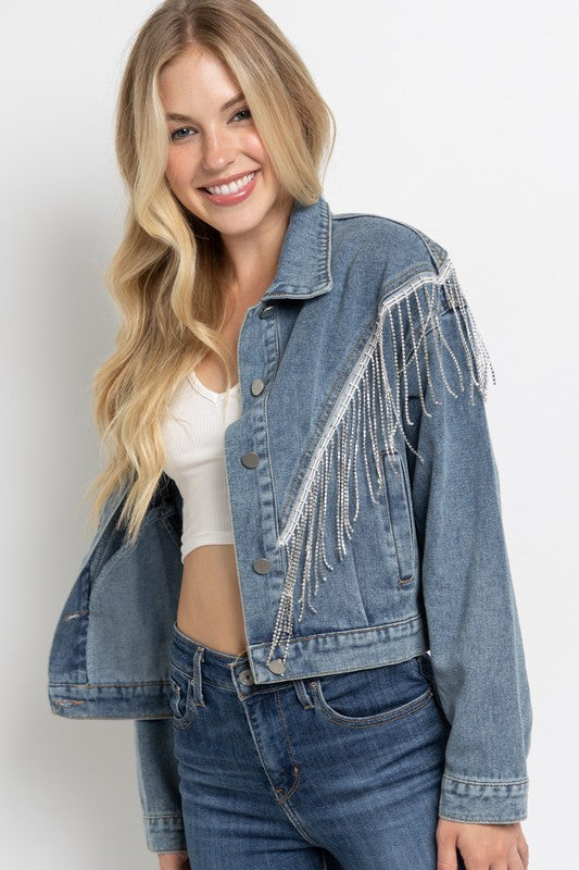 Crop Denim Jacket With Rhinestone & Fringe