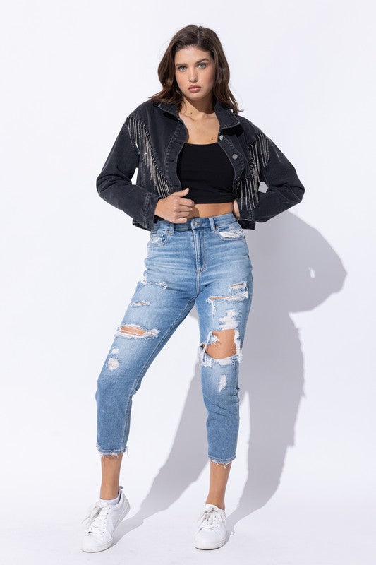 Crop Denim Jacket With Rhinestone & Fringe