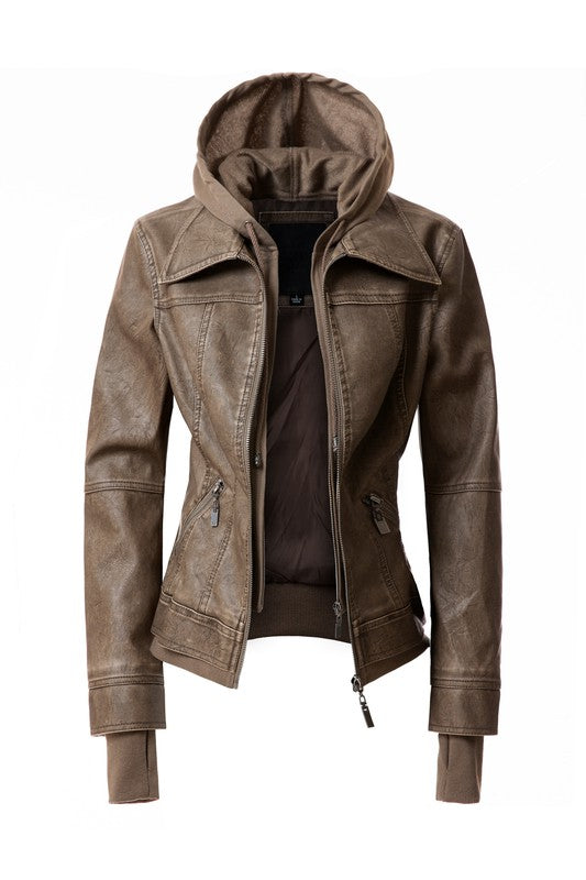 Women&#39;s Hood PU Leather Jacket