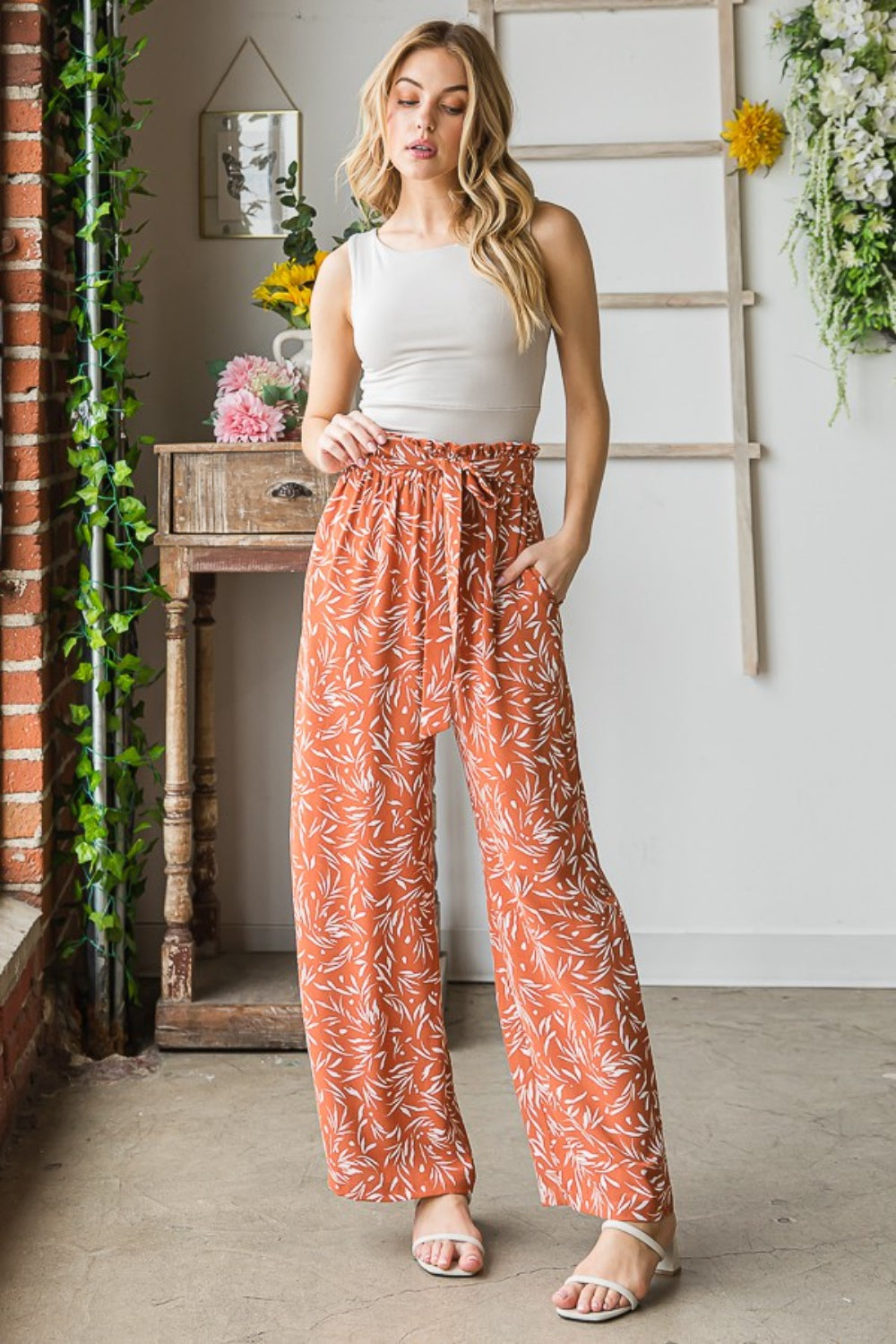 Full Size Printed Tied Straight Casual Pants