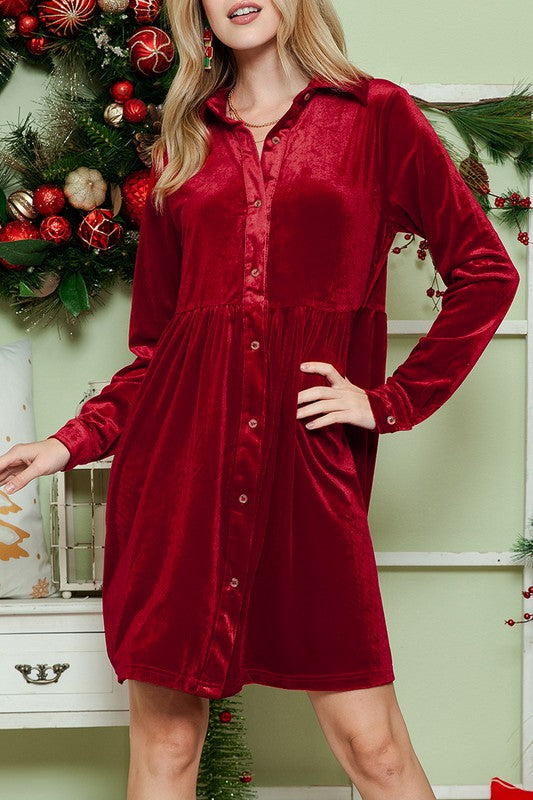 Button Down Velvet Long Sleeve Dress