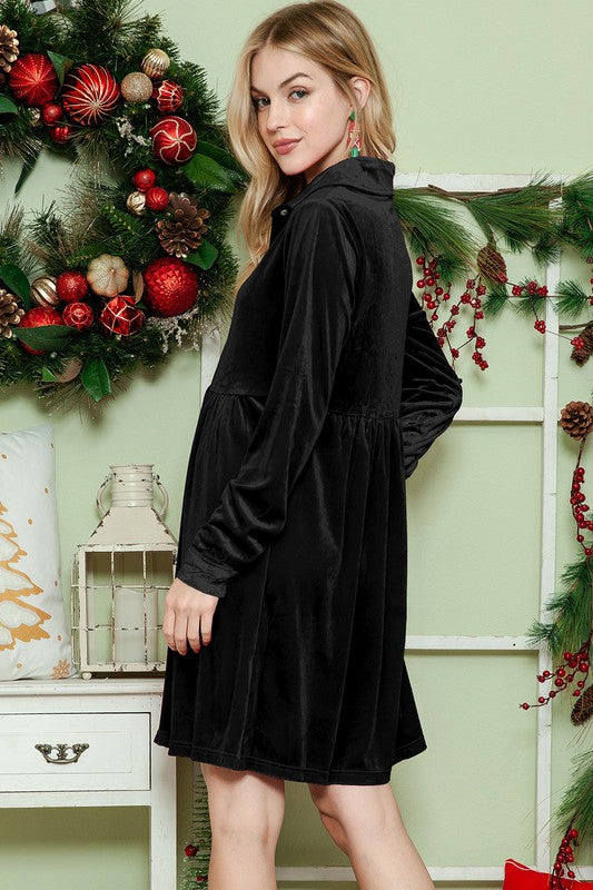 Button Down Velvet Long Sleeve Dress