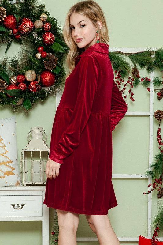 Button Down Velvet Long Sleeve Dress