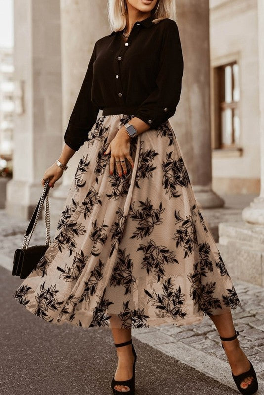 Embroidered High Waist Lined Black  Maxi Skirt