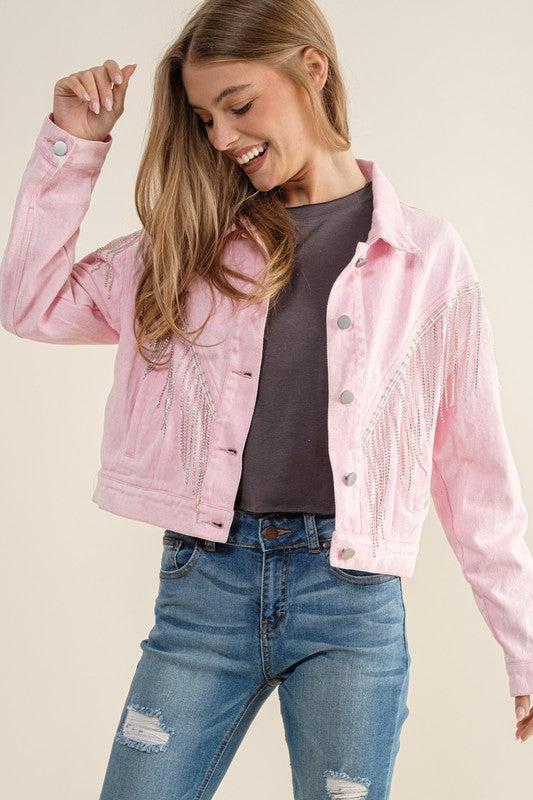 Crop Denim Jacket With Rhinestone & Fringe