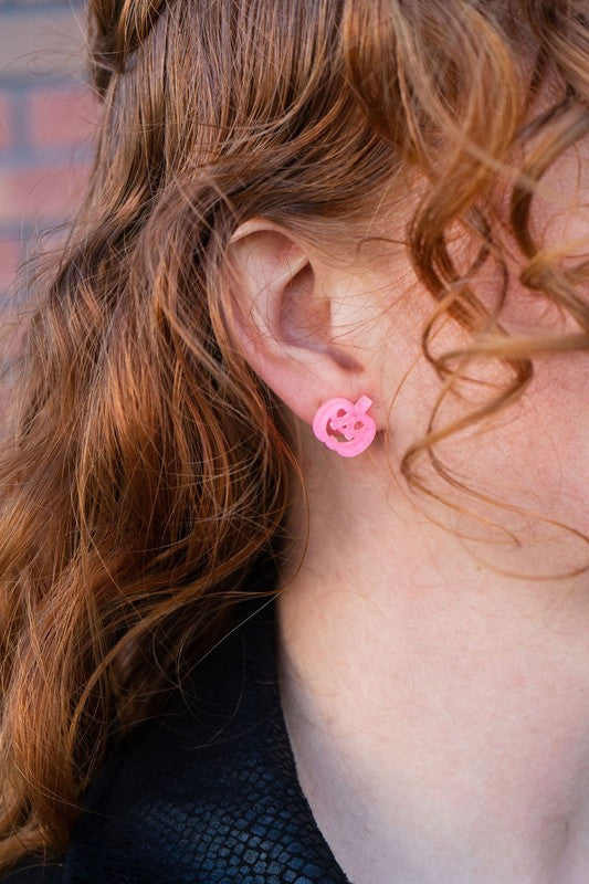 Jack O Lantern Pumpkin Studs - Pink Glitter