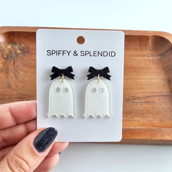 Bow Ghost Earrings - White Glitter