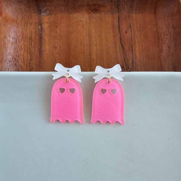 Bow Ghost Earrings - Pink Glitter