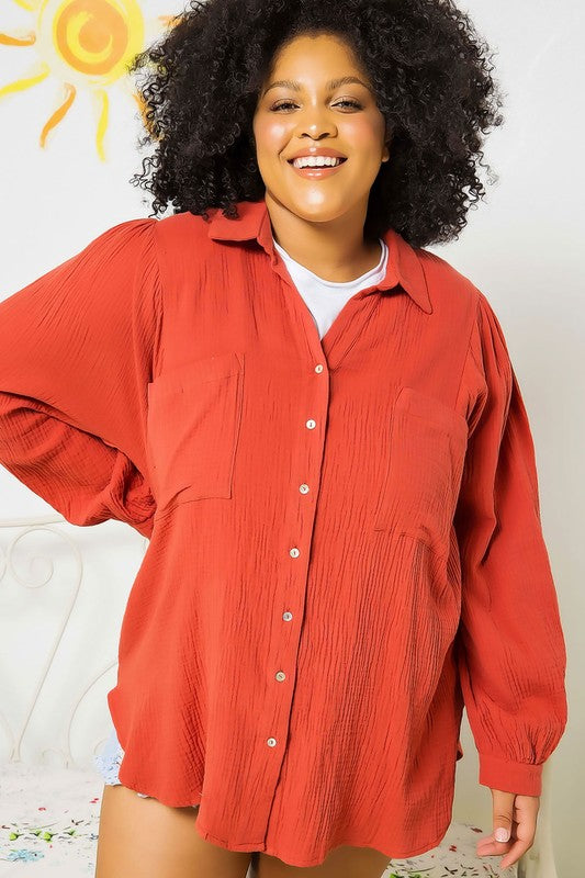 Textured Gauze Button Down Puff Sleeve Blouse