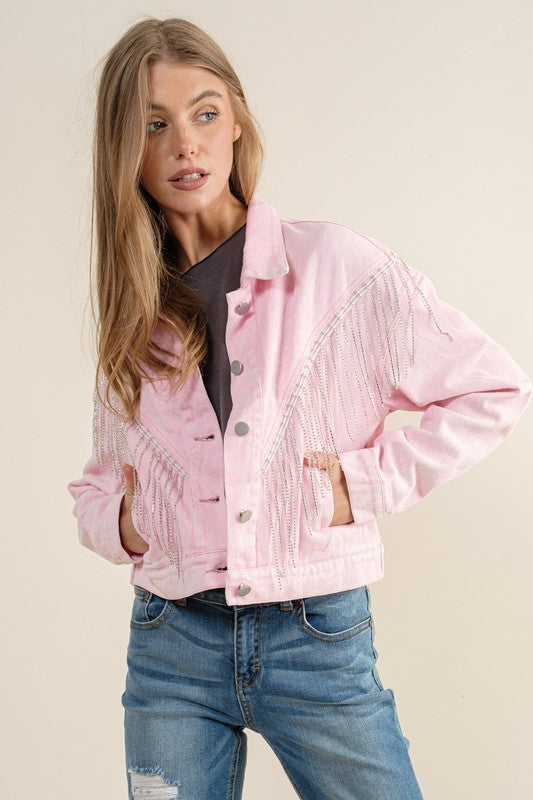 Crop Denim Jacket With Rhinestone & Fringe