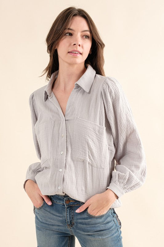 Textured Gauze Button Down Puff Sleeve Blouse