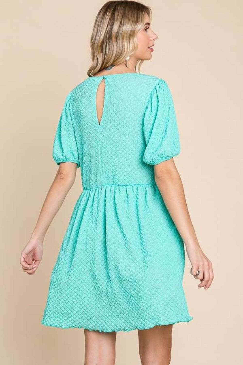 Full Size Textured Round Neck Puff Sleeve Dress