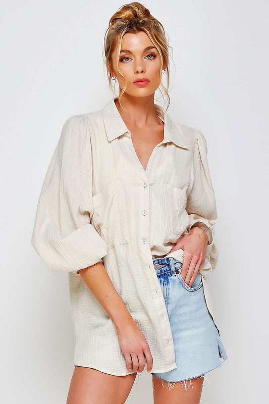 Textured Gauze Button Down Puff Sleeve Blouse