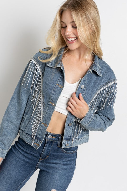 Crop Denim Jacket With Rhinestone & Fringe