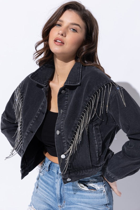 Crop Denim Jacket With Rhinestone & Fringe