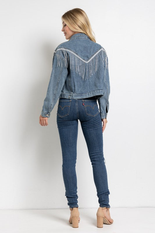 Crop Denim Jacket With Rhinestone & Fringe