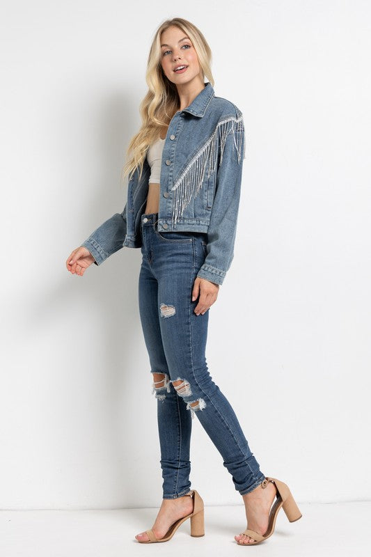 Crop Denim Jacket With Rhinestone & Fringe