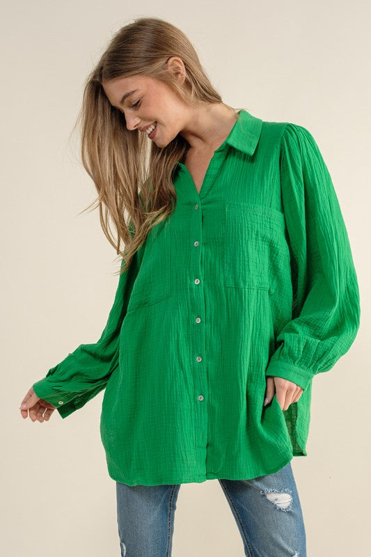 Textured Gauze Button Down Puff Sleeve Blouse