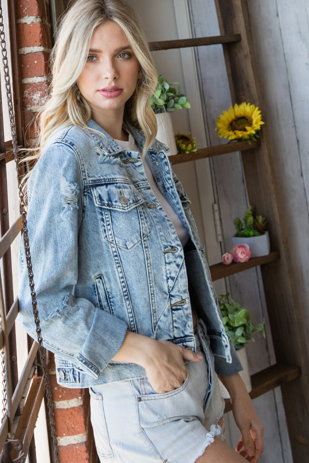 Distressed Button Up Denim Jacket