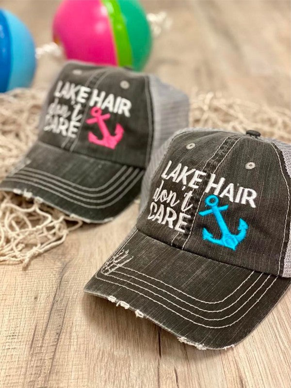 Lake Hair Don&#39;t Care Blue Anchor Trucker Hat