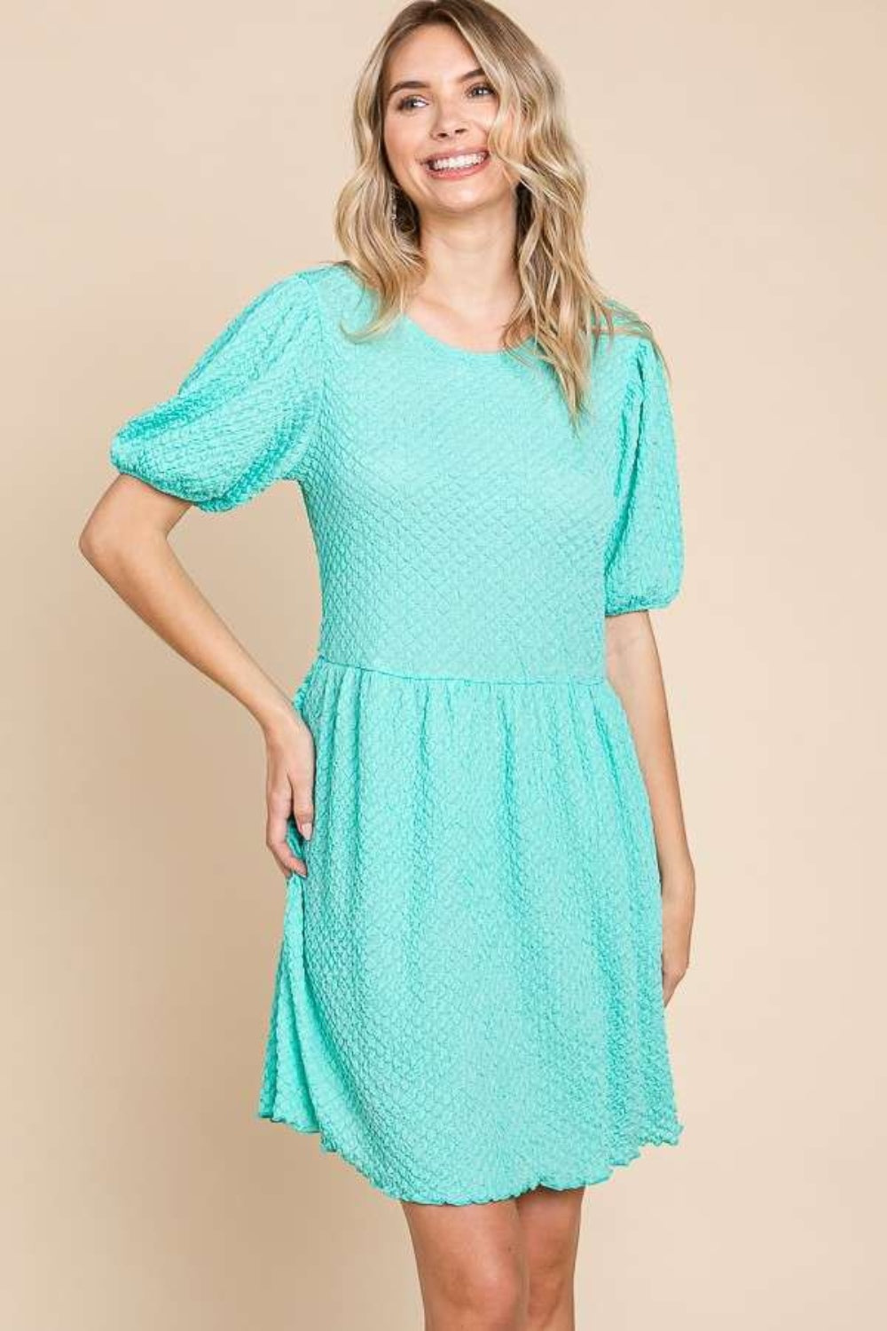 Full Size Textured Round Neck Puff Sleeve Dress