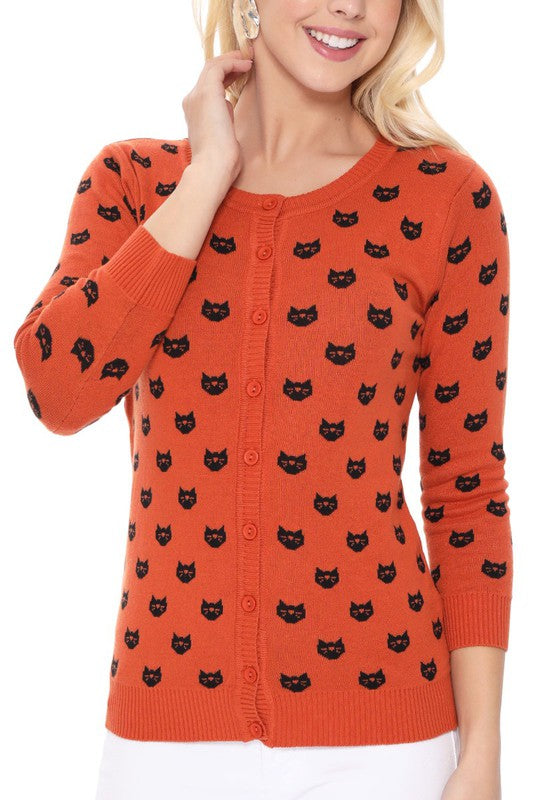 Round Neck Cat Patterned Cardigan Sweater