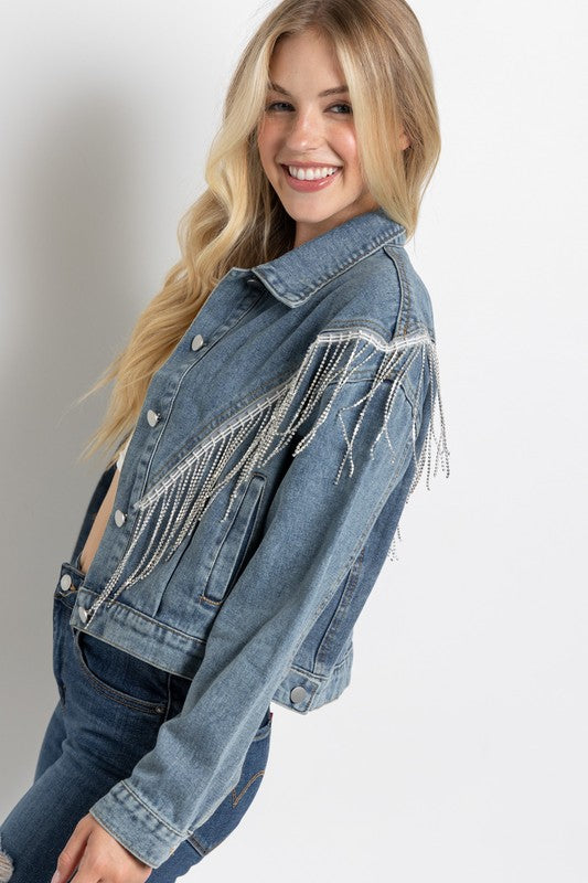 Crop Denim Jacket With Rhinestone & Fringe