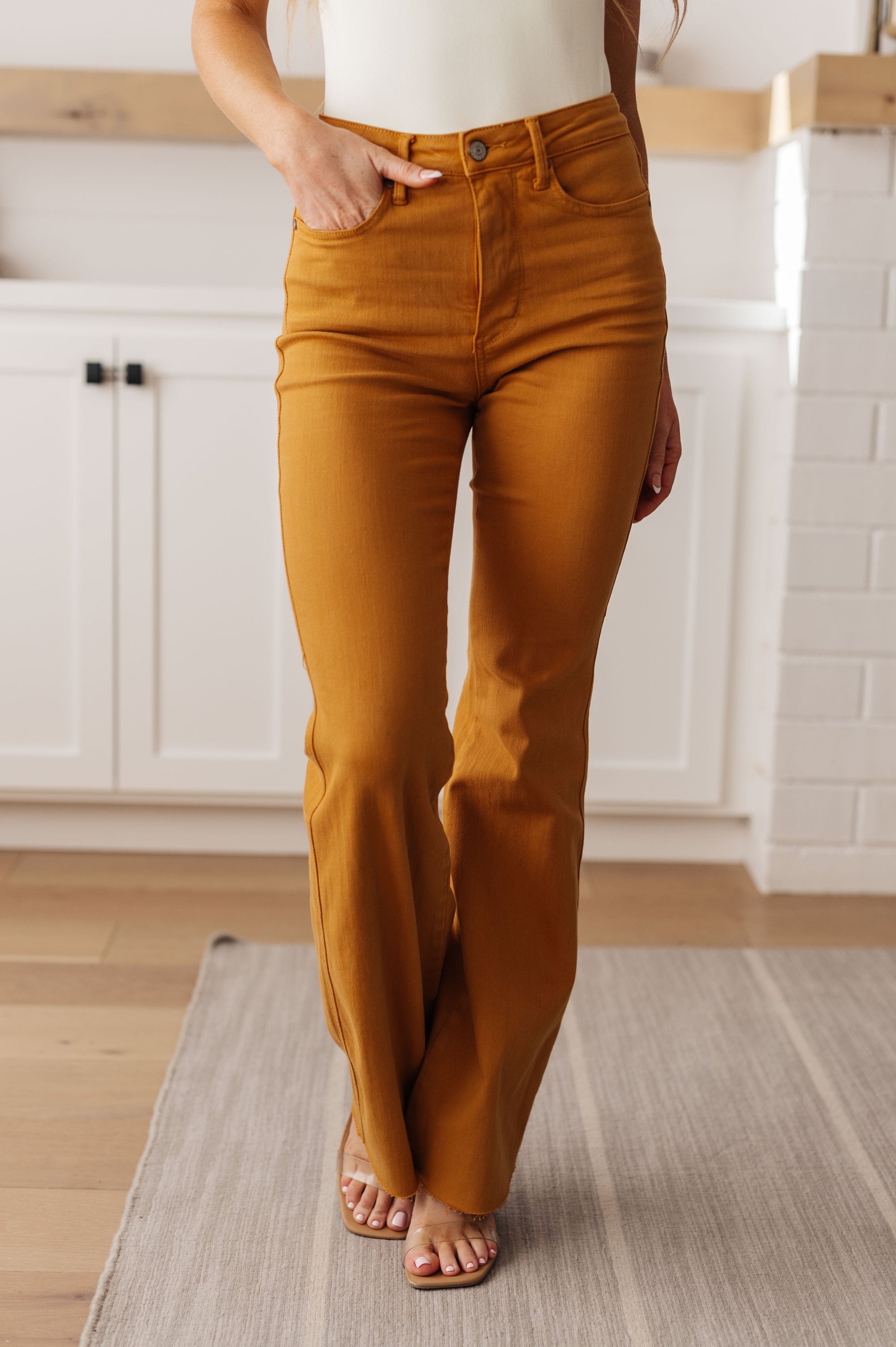 Judy Blue Melinda High Rise Control Top Flare Jeans in Marigold