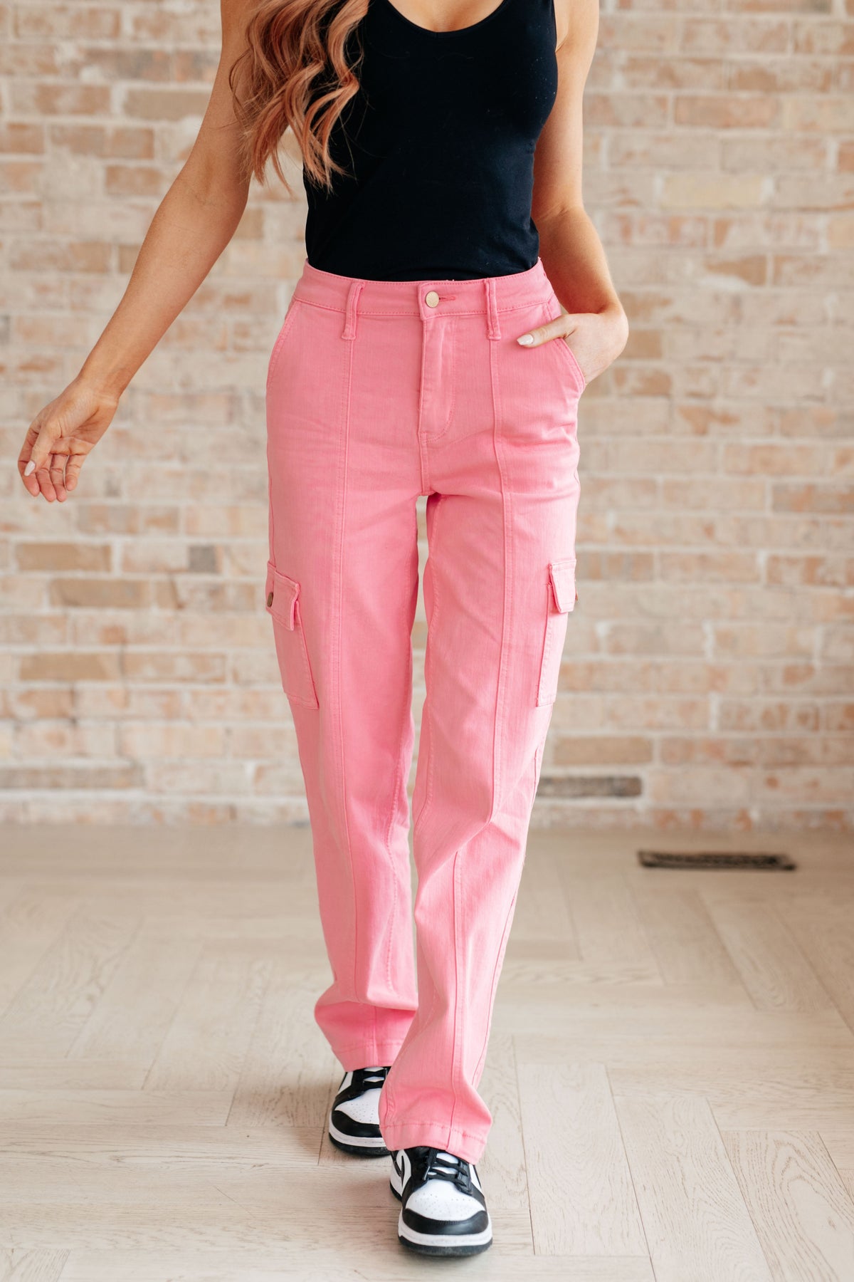 Judy Blue Peggy High Rise Cargo Straight Jeans in Pink