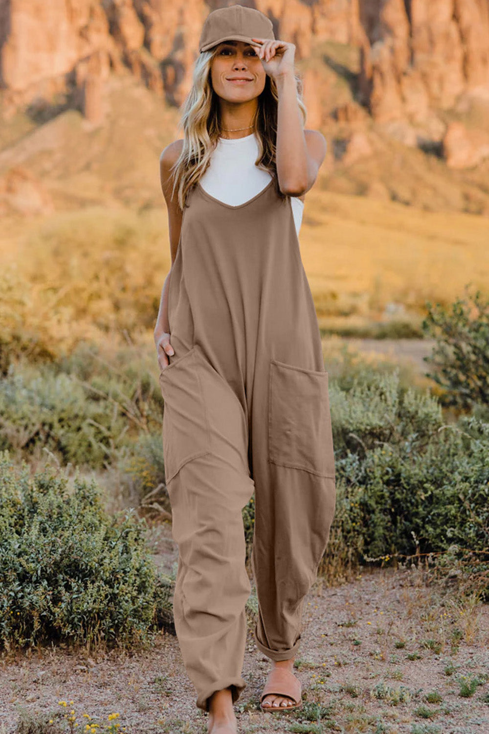 Full Size V-Neck Sleeveless Jumpsuit with Pockets