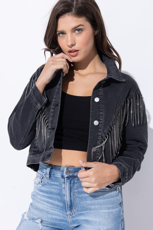 Crop Denim Jacket With Rhinestone &amp; Fringe