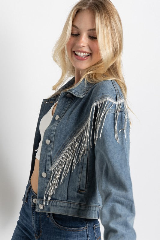 Crop Denim Jacket With Rhinestone & Fringe