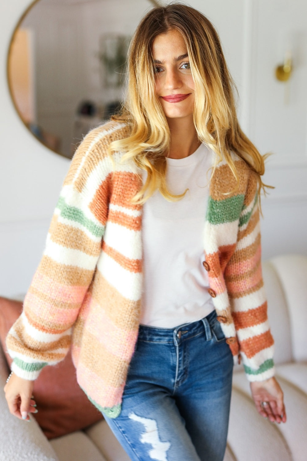 Full Size Button Down Striped Sweater Cardigan