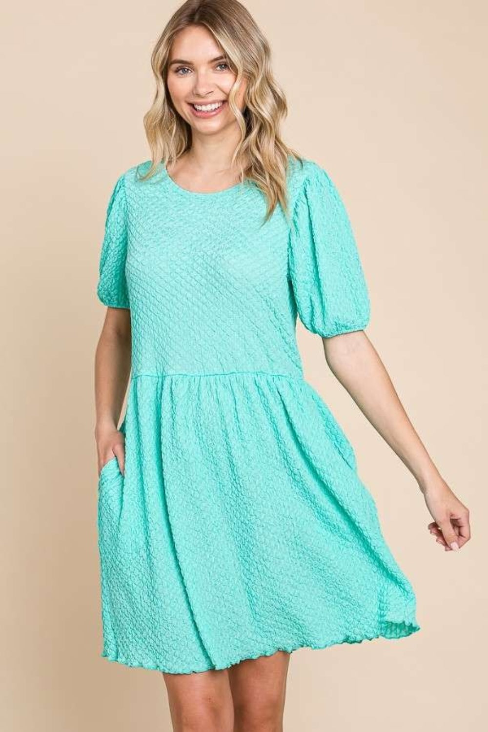 Full Size Textured Round Neck Puff Sleeve Dress