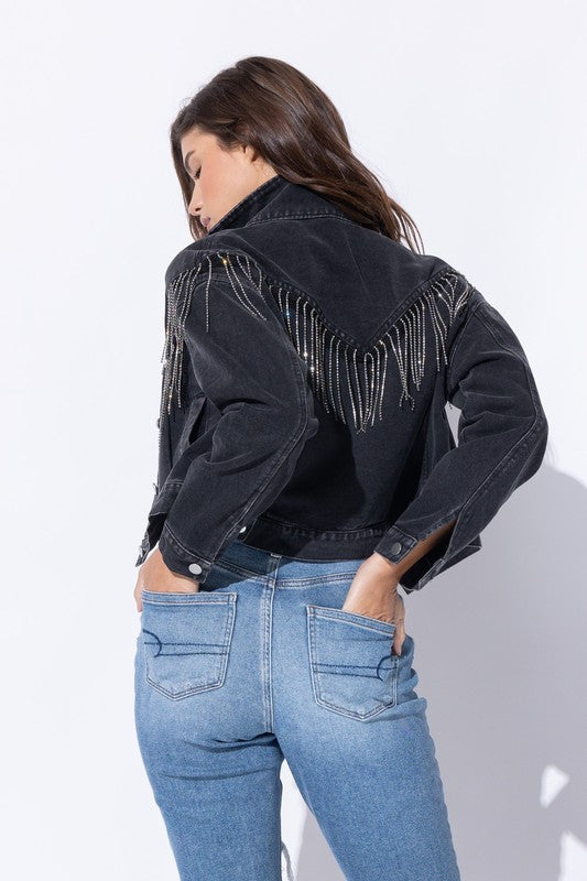 Crop Denim Jacket With Rhinestone & Fringe