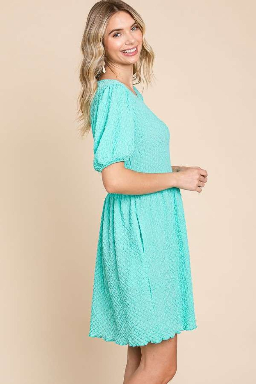 Full Size Textured Round Neck Puff Sleeve Dress