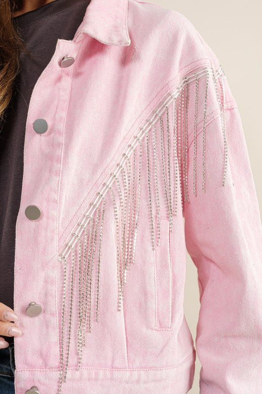 Crop Denim Jacket With Rhinestone & Fringe