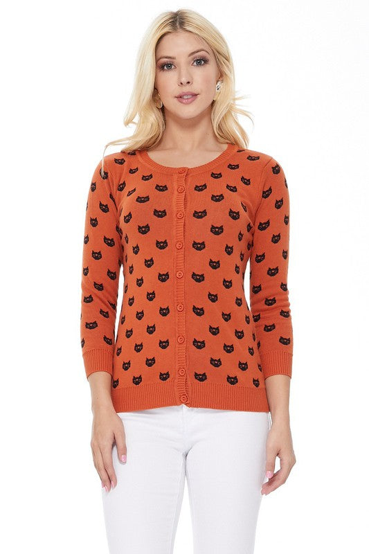 Round Neck Cat Patterned Cardigan Sweater