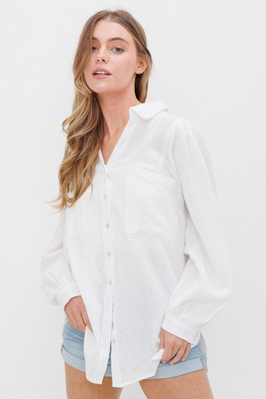 Textured Gauze Button Down Puff Sleeve Blouse