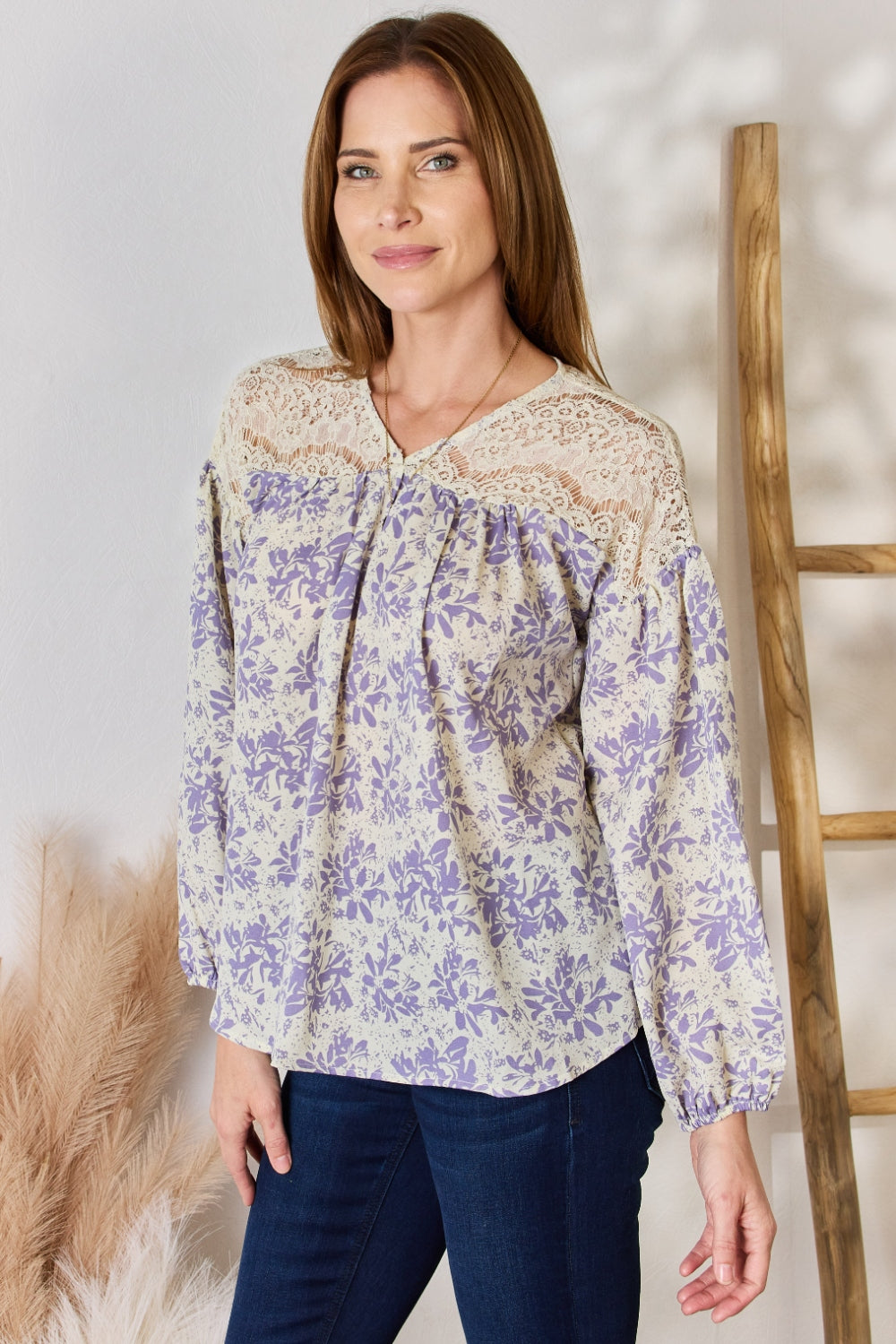 Full Size Lace Detail Printed Blouse