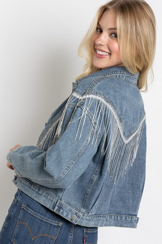 Crop Denim Jacket With Rhinestone & Fringe