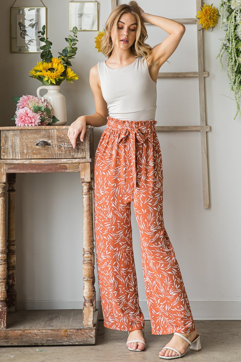 Full Size Printed Tied Straight Casual Pants